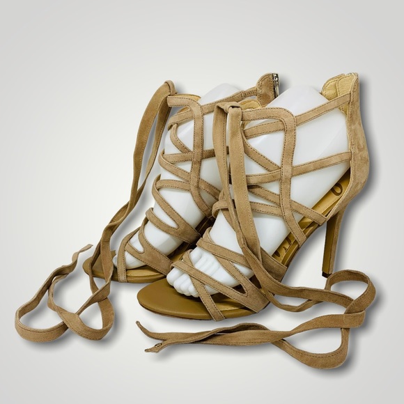 Sam Edelman Alba Tan Suede Lace Up Cage High Heeled Sandals - Picture 2 of 10